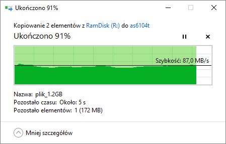 Prędkość kopiowania pliku 2 GB w sieci 5 GHz i odległości 5m