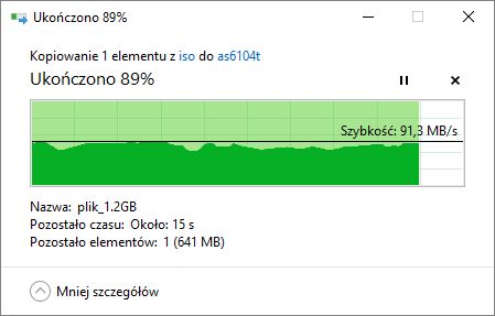 Wydajność kopiowania pliku przy użyciu karty PCE-AC88 w częstotliwości 5 GHz