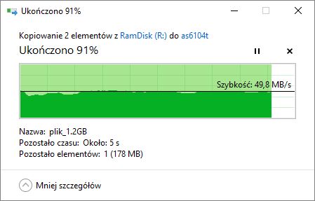Wydajność kopiowania przy użyciu karty ASUS PCE-AC88 w częstotliwości 2,4 GHz