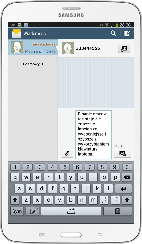 SideSync Phonescreen Sharing pisanie smsów