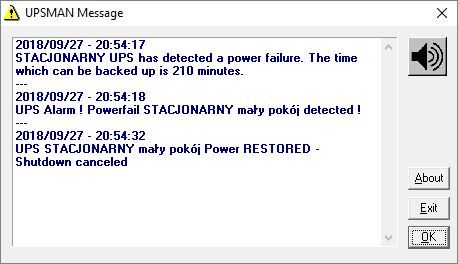 Powiadomienie z aplikacji UPS Manager