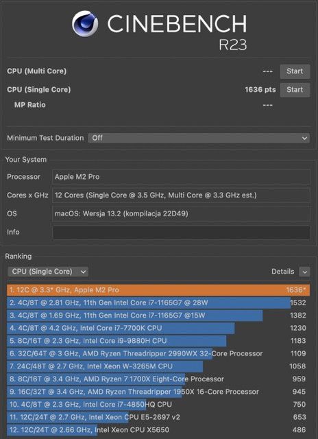 Mac mini m2 pro Cinebench r23 single