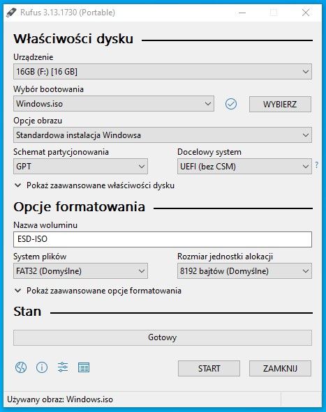 kliknij przycisk START