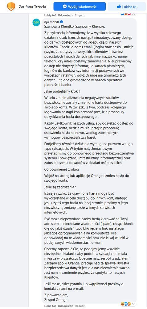 nju mobile - komunikat o wycieku