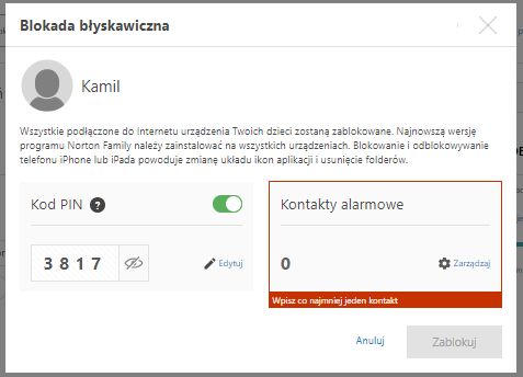 Widok funkcji blokady natychmiastowej urządzenia dziecka - norton 360