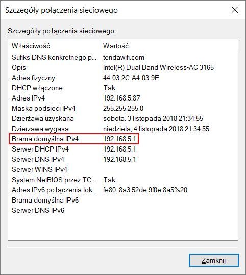 Szczegóły połączenia podłączonego do sieci Tenda
