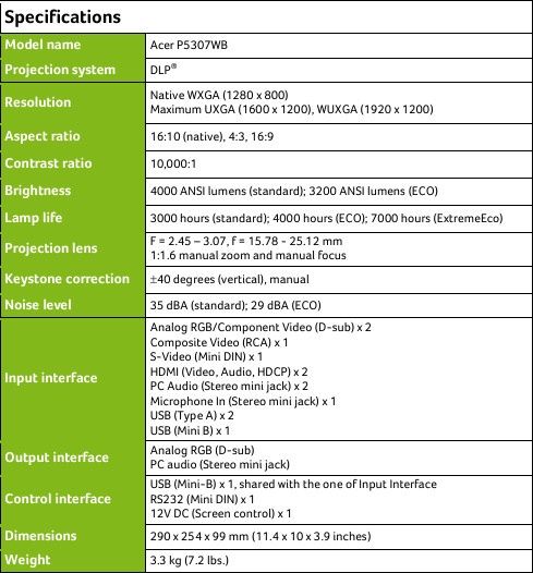 acer p5307wb projektor specyfikacja