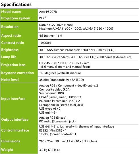 acer p5207b projektor specyfikacja