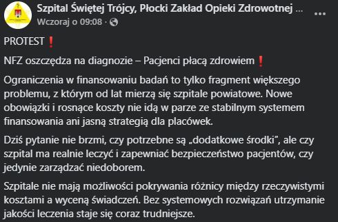 Treść komunikatu na Facebooku placówki 