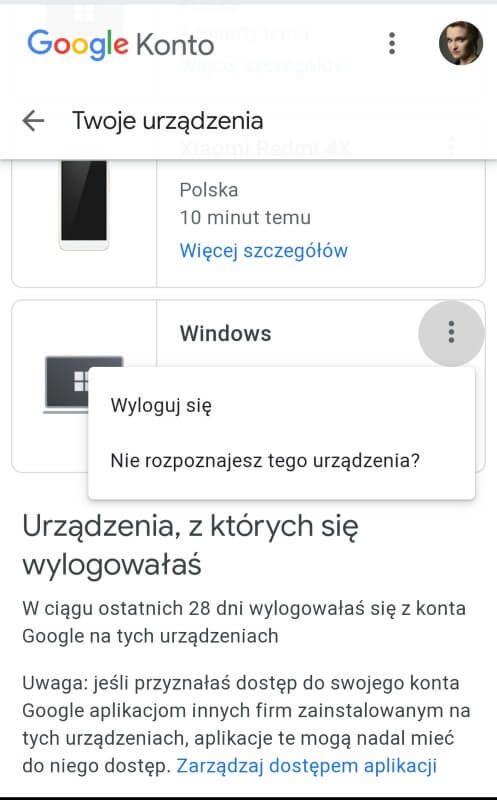 odpinanie urządzeń z konta Google