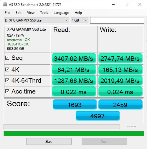 ADATA XPG Gammix S50 Lite 1 TB - AS SSD Benchmark