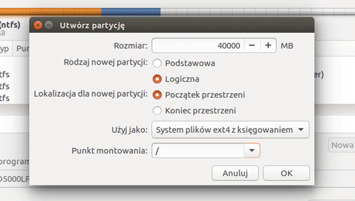tworzenie partycji root - instalacja Ubuntu
