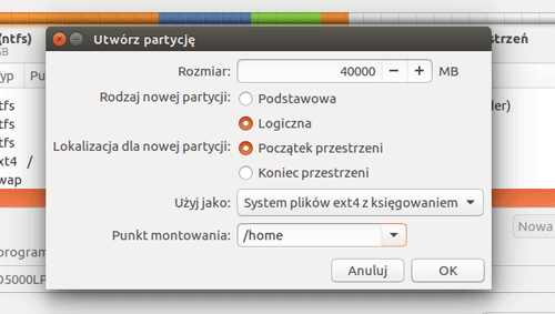 tworzenie partycji home - instalacja Ubuntu