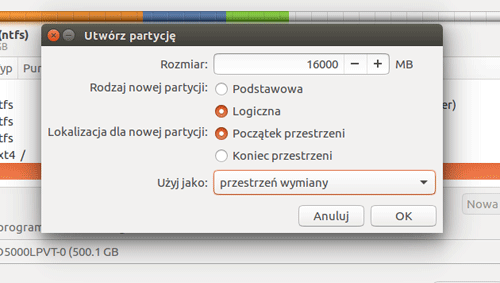 tworzenie partycji przestrzeń wymiany- instalacja Ubuntu