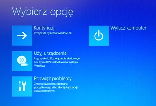 Okno Wybierz opcje w trybie naprawczym Windows 10