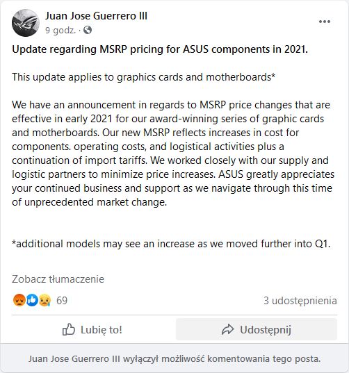 ASUS - oświadczenie o wzroście cen
