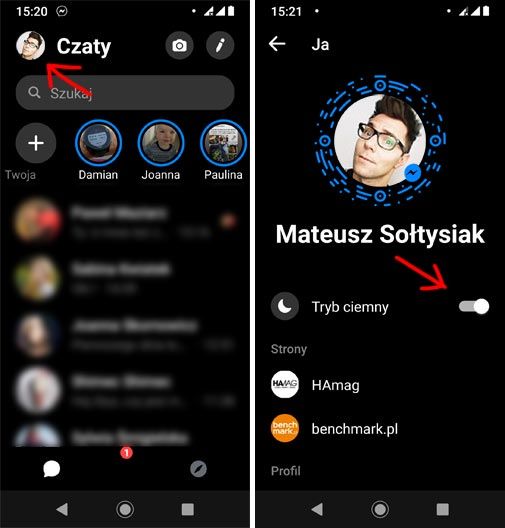 Zmiana ciemnego motywu na messengerze