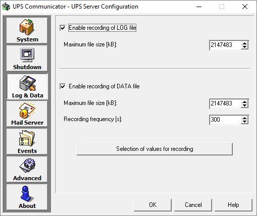 Legrand UPS Communicator - UPS Server Configurator zakładka Log &amp; Data