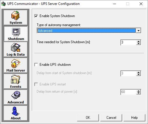Legrand UPS Communicator - UPS Server Configuration zakładka shutdown