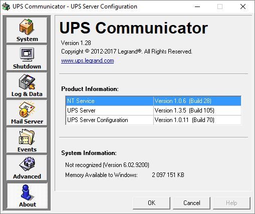 Legrand UPS Communicator - UPS Server Configuration zakładka about