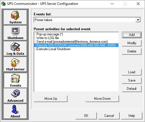 Legrand UPS Communicator - UPS Server Configurator zakładka Events