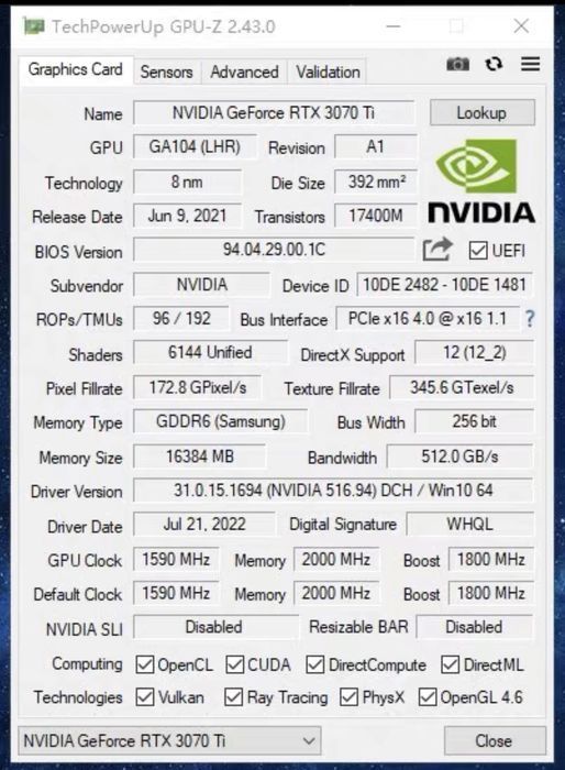 GeForce RTX 3070 Ti 16GB