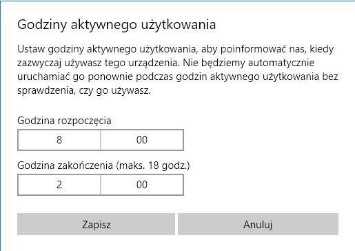 Windows 10 godziny aktywności