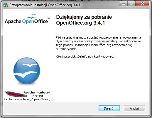 Pobranie i instalacja darmowego pakietu Open Office (obecna najnowsza dystrybucja to Apache Open Office 3.4.1) nie stanowi najmniejszego problemu. Plik instalacyjny "waży" około 120 MB