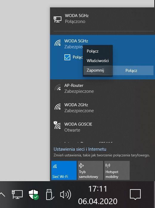 Zapomnij Wi-Fi Windows 10