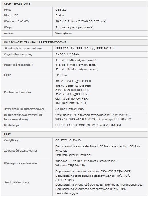 TP-LINK TL-WN725N karta sieciowa specyfikacja