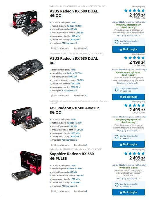 Radeon RX 580 - ceny