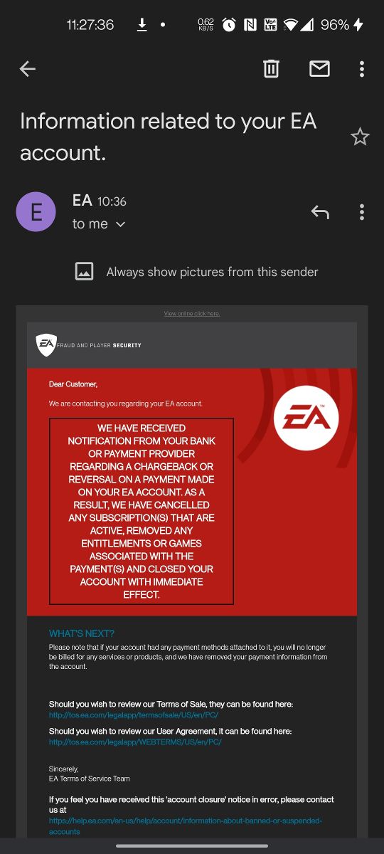 EA usuwa konto gracza za to, że zrobił chargeback