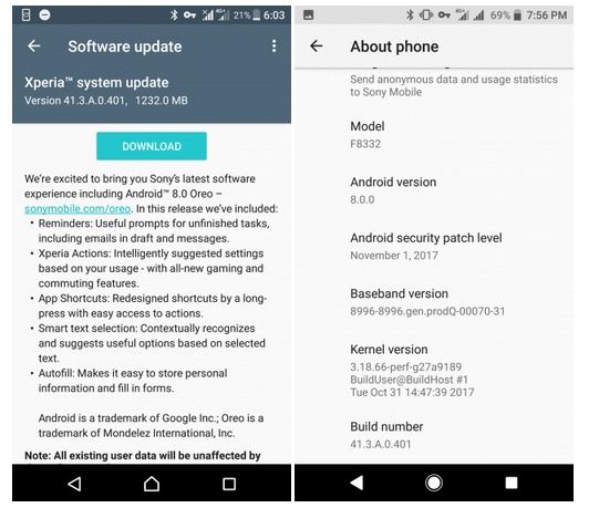 Xperia XZ i Xperia XZs Android 8.0 Oreo