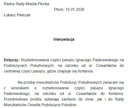Interpelacja radnego Łukasza Pietrzaka 