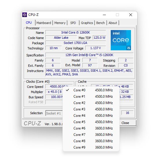 Intel Core i5-12600K - taktowanie rdzeni