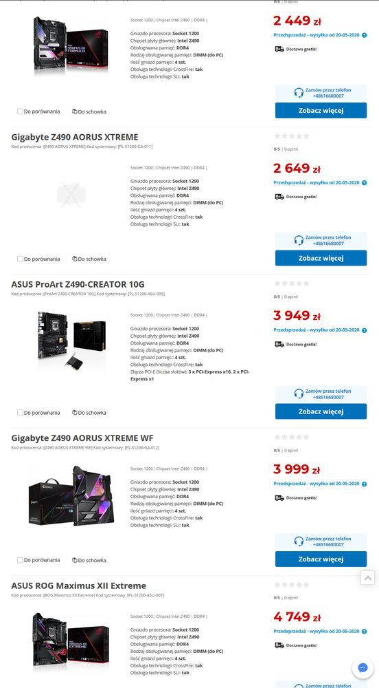 Komputronik - ceny płyt głównych Z490
