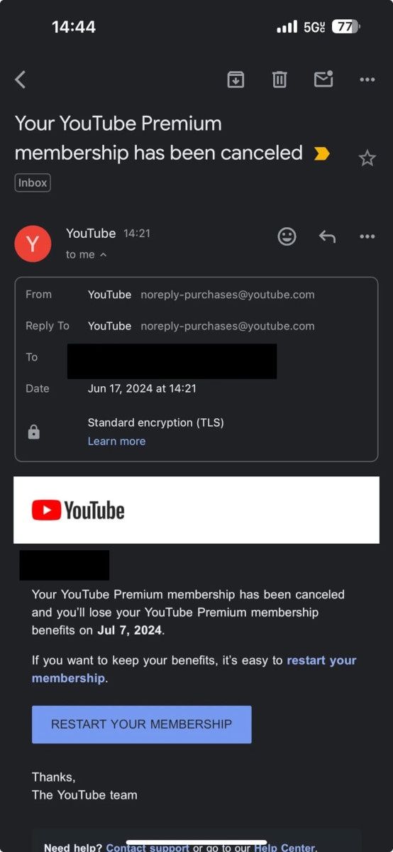YouTube Premium - wiadomość