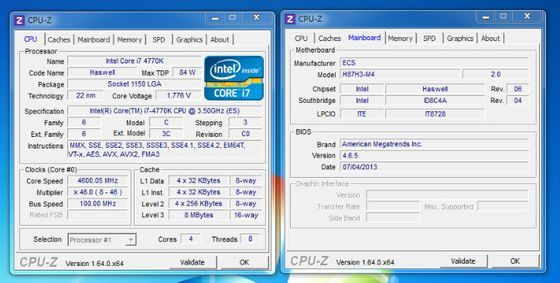 ECS H87H3-M4 płyta główna podkręcanie Core i7 4770K 4600 MHz CPU-Z zrzut ekranu