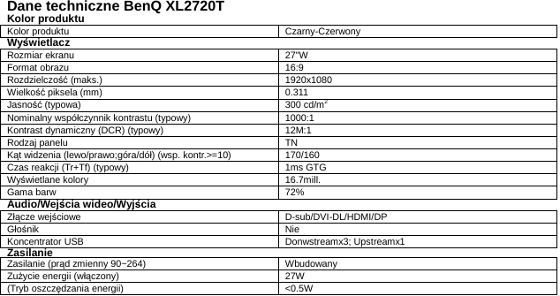 benq xl2720t specyfikacja