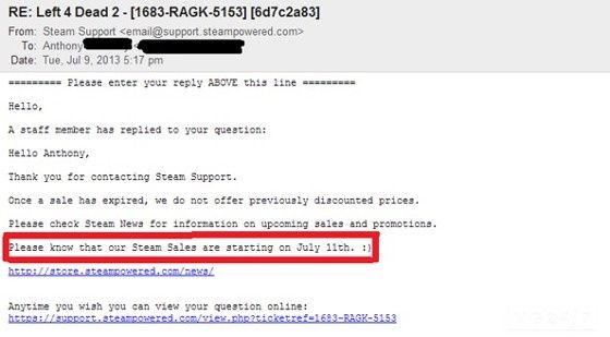 steam summer sale 2013 valve support e-mail wyprzedaż 11 lipiec