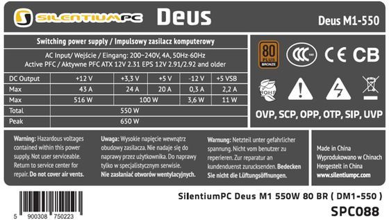 SilentiumPC Deus M1 550 W zasilacz tabliczka znamionowa