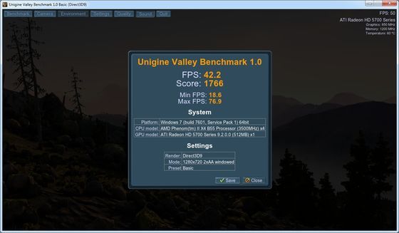 Unigine Valley 1.0 benchmark wynik Basic zrzut ekranu