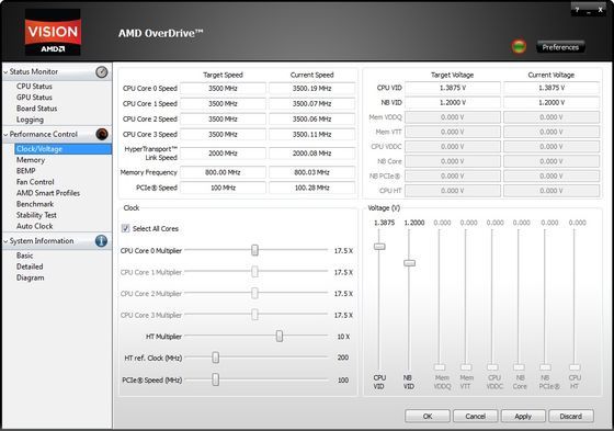 AMD OverDrive 4.2.3 aplikacja zrzut ekranu zakładka Clock/Voltage
