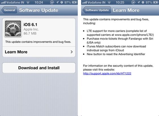 apple ios 6.1 aktualizacja software updater