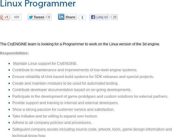 crytek oferta pracy programista linux silnik cryengine 3