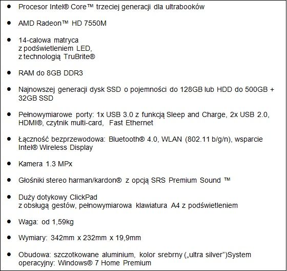 Toshiba Satellite U840 ultrabook specyfikacja