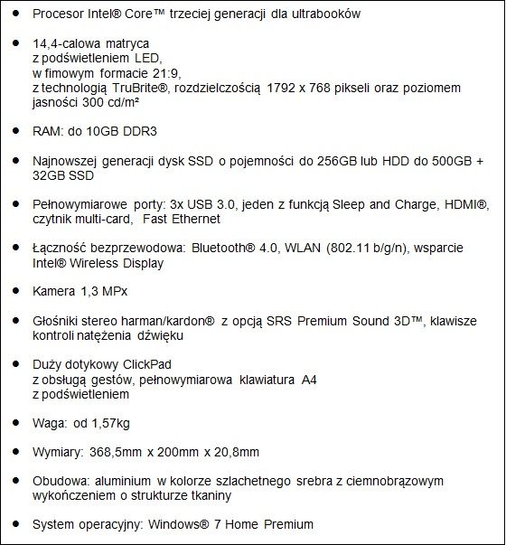 Toshiba Satellite U840W ultrabook specyfikacja