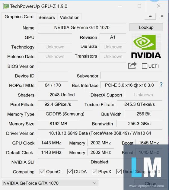Nvidia GeForce GTX 1070 MXM - specyfikacja GPU-Z