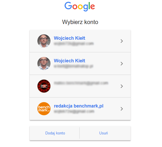 wybieranie konta Google