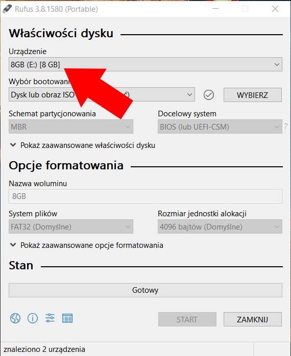 Rufus - wybierz pendrive przynajmniej 8 GB